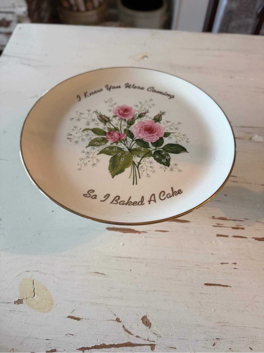 Vintage Floral Pink Rose Cake Plate 22 Kt Gold Trim USA MADE